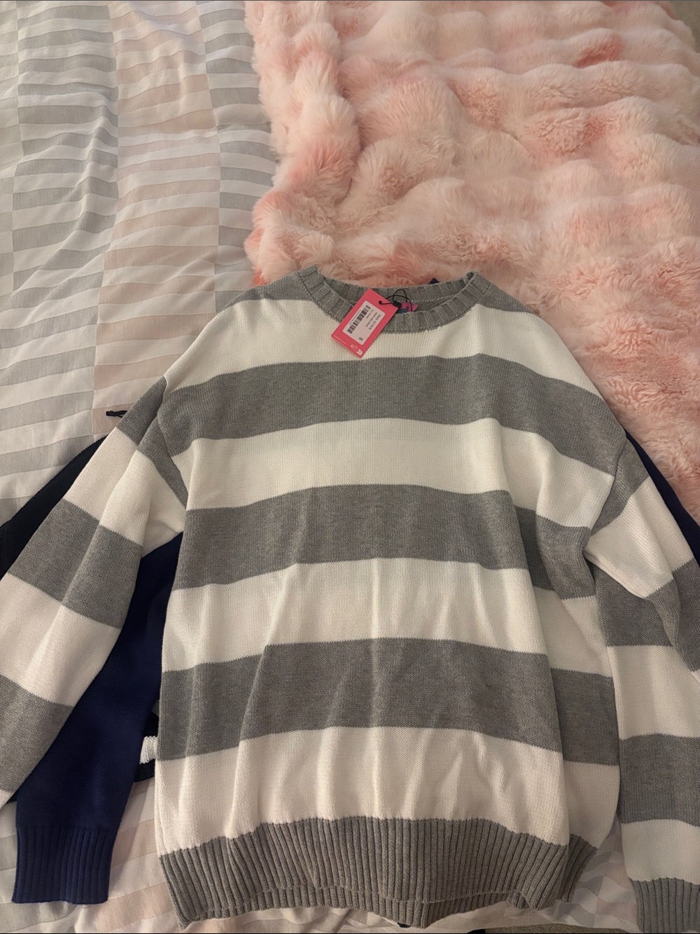 Edikted Gray & White Striped Crewneck Sweater